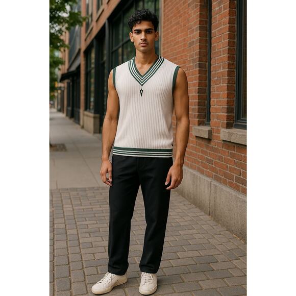 Houston White Men's Ribbed V-Neck Sleeveless Pullover Sweater - Picture 1 of 5